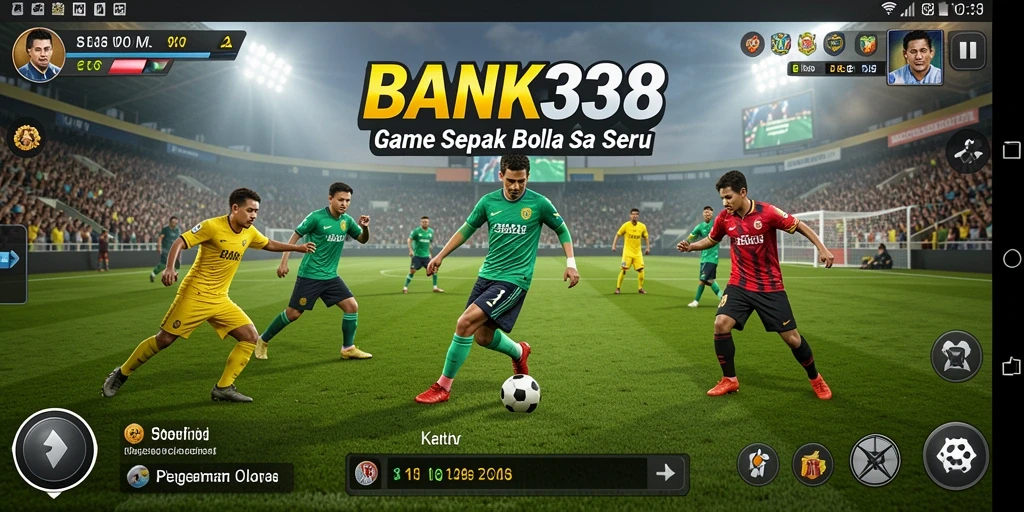 Screenshot utama BANK338 menampilkan aksi pertandingan sepak bola yang mendebarkan.