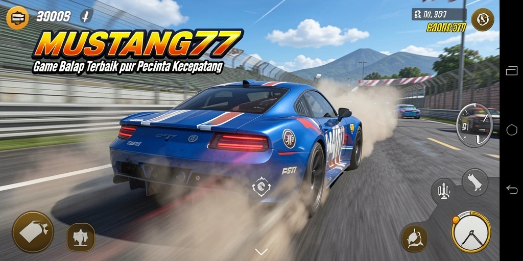 Screenshot gameplay <strong>MUSTANG77</strong> menampilkan balapan mendebarkan di trek kota.