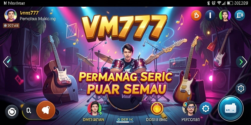 Tampilan screenshot VM777 menunjukkan gameplay musik yang penuh warna.